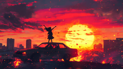 Fototapeta premium depicting a sunset over a city in the background woman dancing on top of an car, watching it burn to ashes. The image has a lo-fi, colorful aesthetic lo-fi music genre Generative AI. 