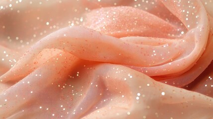 Close-up of a delicate baby pink sari with sequin embellishments, gracefully arranged on a soft beige background.
