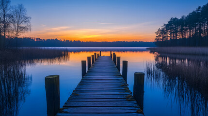 Fototapeta premium Lonely Dock Bathed in the Warm Glow of a Setting Sun - Breathtaking Scenic Beauty of Nature