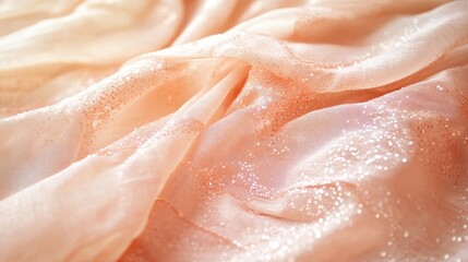 Close-up of a delicate baby pink sari with sequin embellishments, gracefully arranged on a soft beige background.