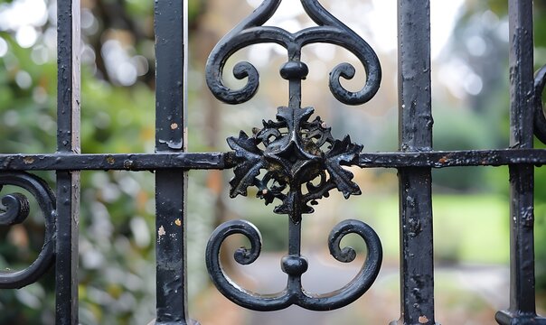 Detail of a black wrought iron fence on a street in Paris