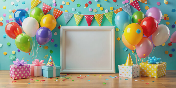 Celebrate special moments with this vibrant scene featuring an empty white frame surrounded by colorful balloons, streamers, and birthday decorations, perfect for adding custom text.