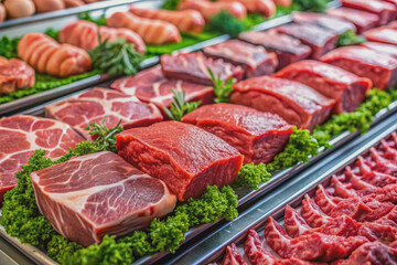 Assorted fresh raw red meat cuts, including steaks, roasts, and ground beef, arranged on a clean countertop in a well-lit supermarket meat department display.