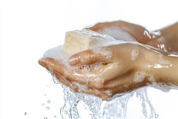 Effective hand washing with soap as a health measure against viruses and bacteria on a clean white background