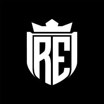 recommend clip art: RE Letter logo shield shape inside shield badge crown on black background template design
