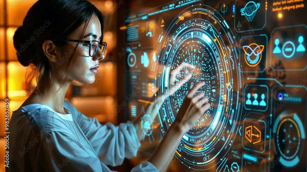 Poster a woman wearing glasses engages with a bright holographic display, manipulating digital data and gra