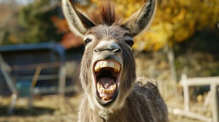 Fototapeta premium A Donkey's Big Grin in the Autumn Light