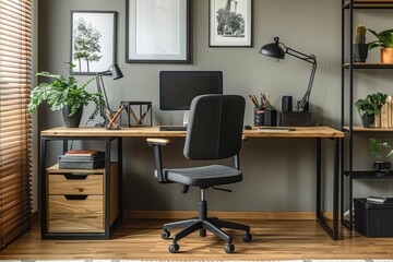 Fototapeta premium Stylish Metal and Wood Home Office Desk with Open Drawer, Scandinavian Decor, Poster Frames, Magazine Stands, and Black Swivel Chair