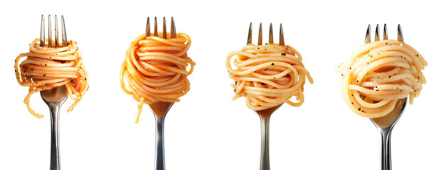 Close up of spaghetti noodles on a fork isolated on a transparent PNG background, white background , cut out, clipping path, Generative Ai
