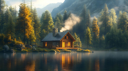 Fototapeta premium Cabin by the Lake, 3D Illustration