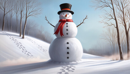 Fototapeta premium snowman with red scarf and cap in the winter forest.