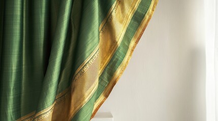 Close-up of a traditional green silk sari with golden border, draped on a simple white stand, set against a blank wall.