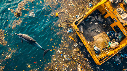 An aerial view of dolphins struggling in a polluted ocean, surrounded by plastic waste and debris. A powerful reminder of the environmental impact for World Ocean Day