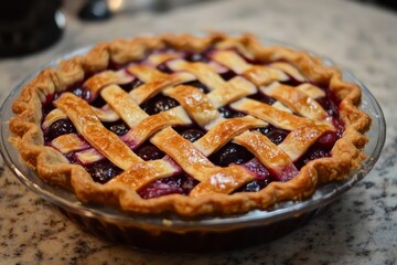 Homemade cherry pie cooling on a kitchen countertop after baking, showcasing a flaky golden crust and vibrant red filling