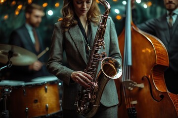 Fototapeta premium A woman playing a saxophone in front of a man playing a cello and a drum