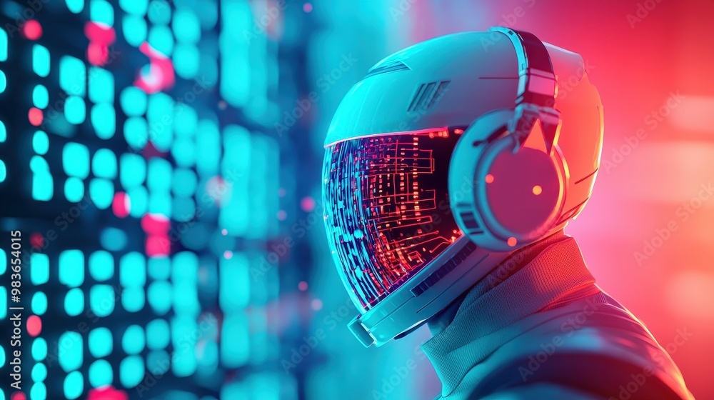 Poster a futuristic helmet connected to a computer, with neural signals transferring data