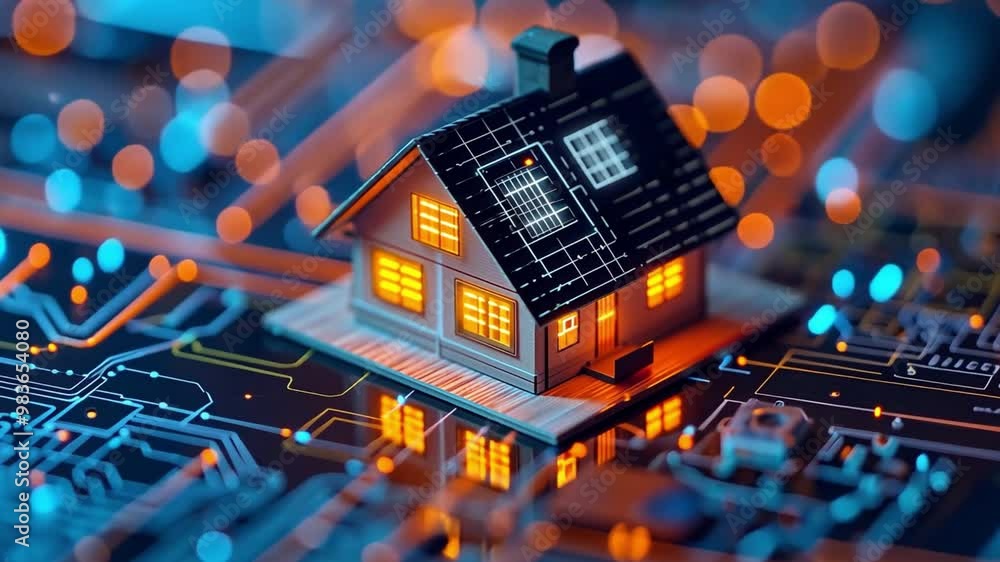 Aufkleber a detailed model house sits on a vibrant circuit board, glowing warmly from its windows. surrounding