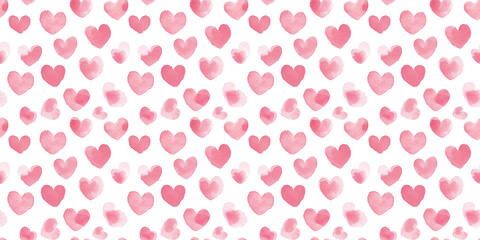 a seamless light pink heart pattern on a white background, in a watercolor, hand-drawn style