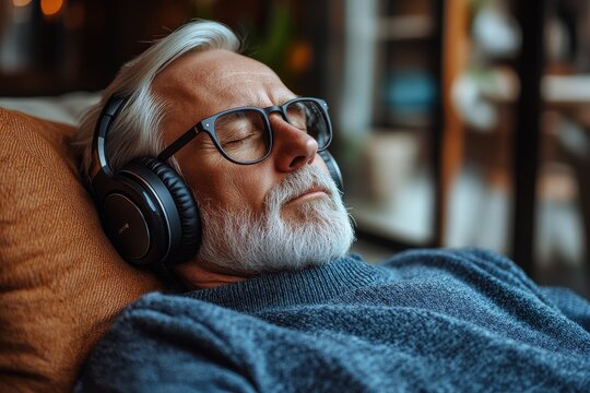 A man wearing glasses and headphones is sleeping on a couch