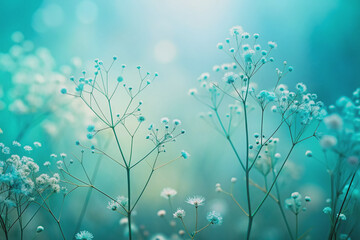 Softly blurred turquoise-toned silhouette of delicate flowers against a gentle gradient background, evoking serene tranquility and subtle elegance in a dreamy atmosphere.