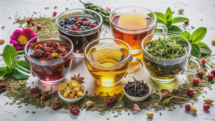 Four vibrant glass cups overflow with an assortment of teas, including green, black, herbal, and fruit, surrounded by dry leaves and flowers on a crisp white surface.