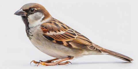 A small, rustic brown House Sparrow with black throat patch and white wing bars perched alone, looking curious, on a clean, isolated white background.