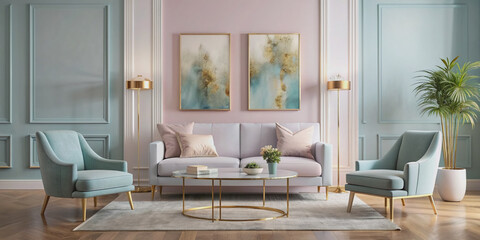 Elegant modern interior features two white rectangular paintings on a soft pink wall, paired with a luxurious light blue armchair, gold-accented coffee table, and sleek decor.