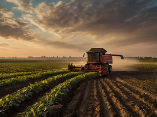 Fototapeta premium Hues of the Harvest: A Warmly Vibrant Farm in Full Swing. The rich, earthy tones of a farm in harvest season, with workers in the fields under a warm, vibrant sky.