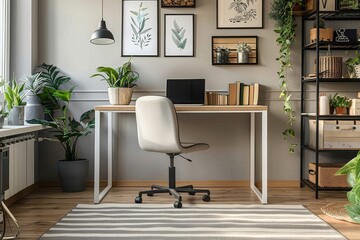 Modern home office desk with white metal frame and light wood top, accented by an urban chair, styled in a Scandinavian design with neutral tones.