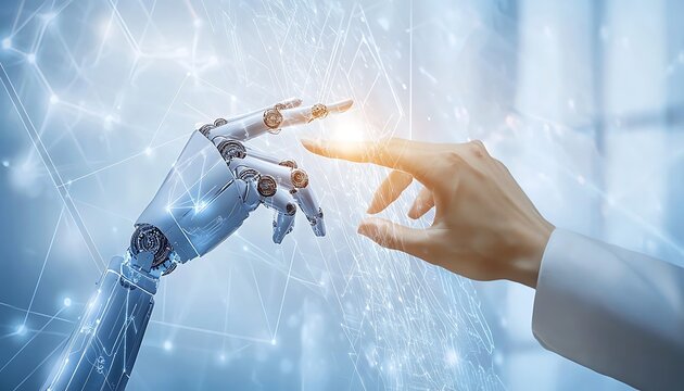 Robotic and human fingers converge over a network interface.