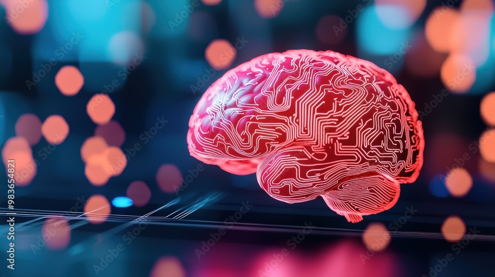Poster a futuristic human brain with digital circuits intertwining, representing mind uploading