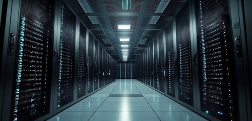 Modern server room setup with dynamic data processing activities.