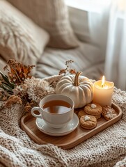 Cup of hot tea served on a wooden tray with candle, flowers, pumpkins and biscuits on a woolen blanket at the couch - ai