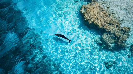 Fototapeta premium Aerial view Group of dolphins swimming in the ocean with crashing waves, symbolizing the beauty of marine life. Protect animals and the ocean environment. Background marine life