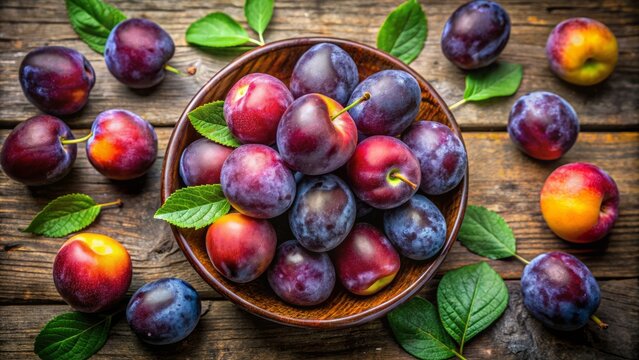 Ripe ameixa plums rest elegantly on a rustic wooden table, bathed in gentle natural light, surrounded by a