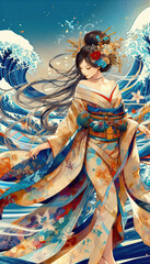 Obraz premium 日本画（Japanese painting）／着物の女性 anime イラスト