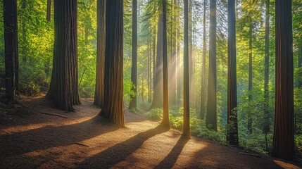 Sunlight beams through tall trees in a lush green forest, casting long shadows on the forest floor.