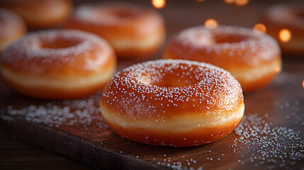 A close-up of a group of freshly baked, sugared donuts, with a warm, inviting background.