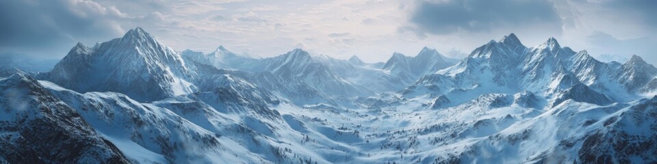 Obraz premium Majestic snow-covered mountain peaks, breathtaking winter landscape, panoramic view of pristine wilderness, tranquility of nature concept