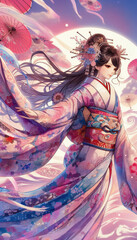 Fototapeta premium 日本画（Japanese painting）／着物の女性 anime イラスト