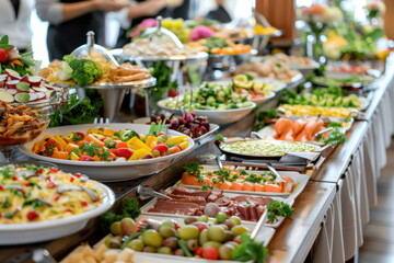 buffet foods on long table, Celebration, luxury food