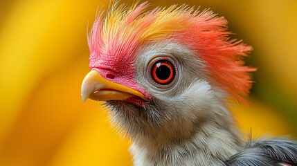 A vibrant close-up of a colorful turkey against a bright yellow backdrop, perfect for Thanksgiving and Halloween designs, with copy space for text.