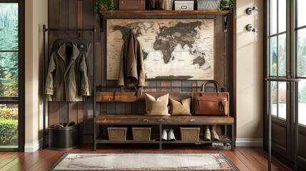 Modern hall tree with coat rack and shoe storage, featuring a rustic wood top shelf on a metal frame in neutral colors with green accents.
