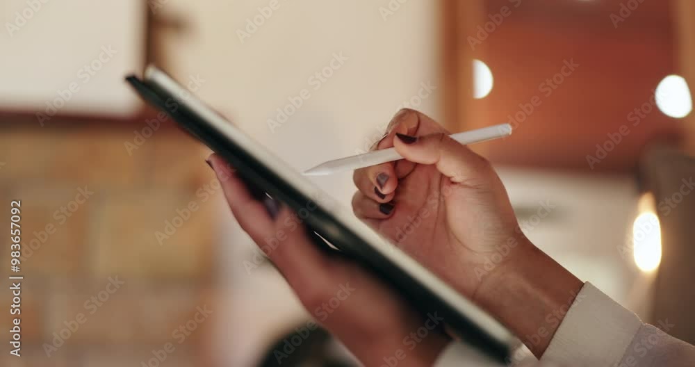 Poster Woman, hands and stylus with tablet in home for writing article, creative process and plot development. Remote work, writer and digital app at night for editing newsletter, blog post review and notes