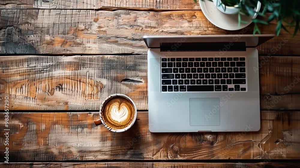 Aufkleber a laptop sits open next to a coffee cup adorned with a heart design, resting on a rustic wooden tabl