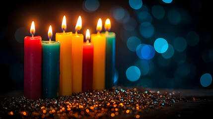 Colorful candles burning brightly on a wooden surface with sparkling bokeh in the background.