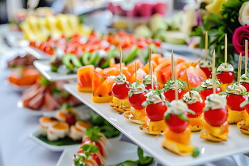 Buffet food catering food party at restaurant mini canapes snacks and appetizers