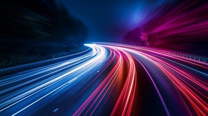 Stunning Night Traffic Light Trails on a Highway with Vibrant Neon Colors Illustrate Speed and Motion.