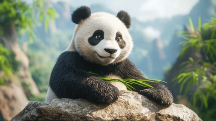 3D image of a panda sitting on a rock eating bamboo in a zoo habitat