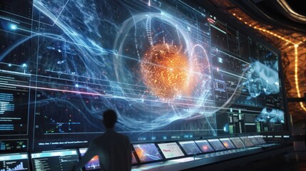 Obraz premium A Man Observing a Futuristic Data Display